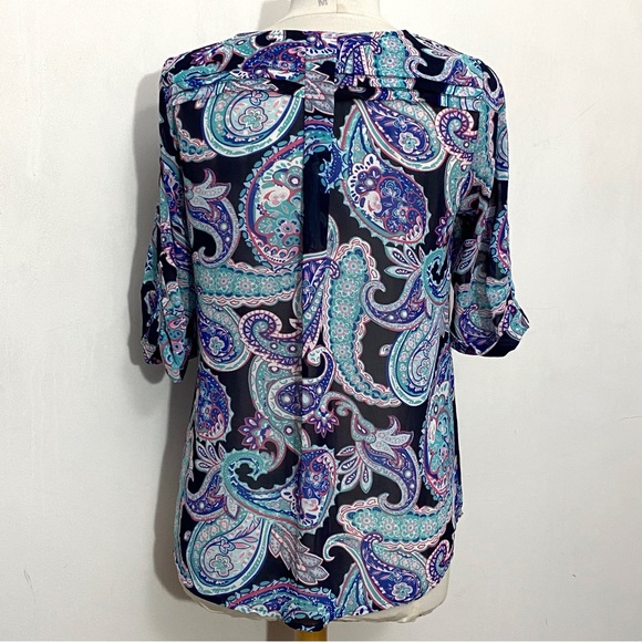 SKIES ARE BLUE paisley print sheer polyester ruched sleeves tuck shoulder top S - Picture 4 of 8